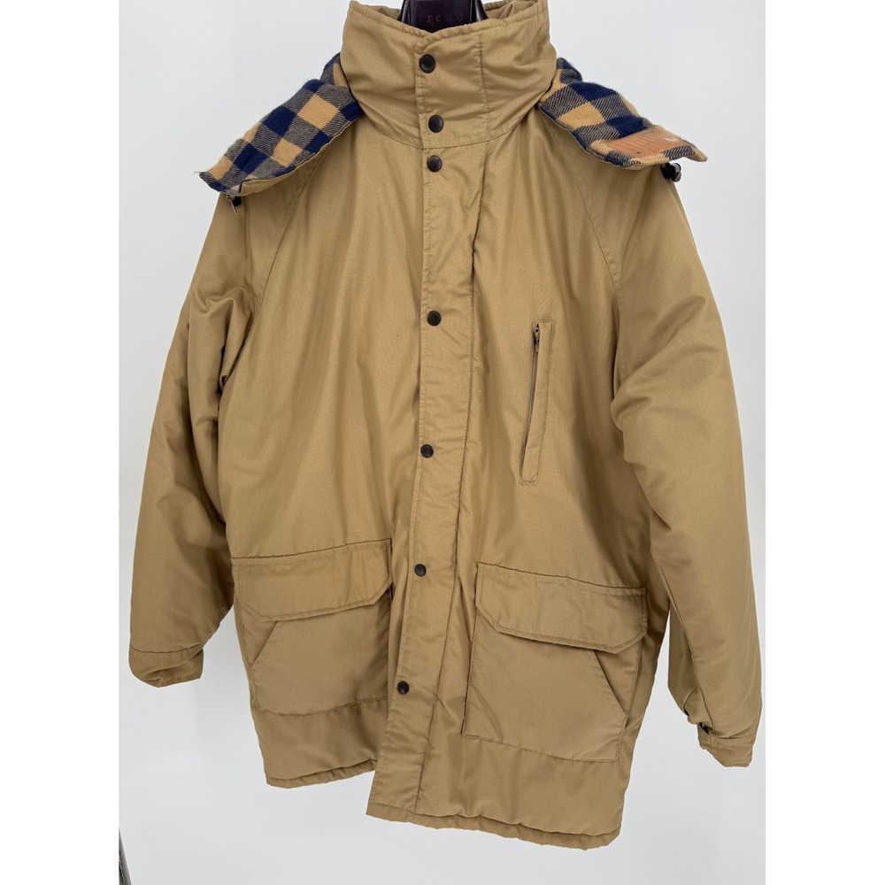 WearGuard Vintage Insulated Parka Coat Tan Plaid Lined Hood Workwear Men's L